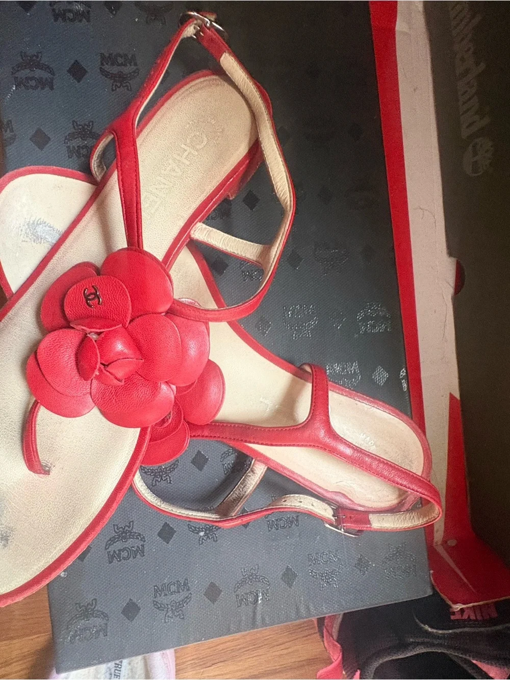 CHANEL Red Camellia Leather T-Strap Sandals